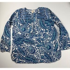 J. Crew Floral Print Blouse Smocked Long Sleeve Top‎ Blue White XS